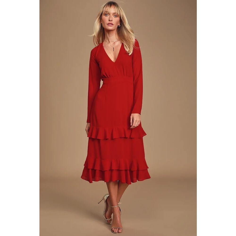 Lulus Red Ruffles Midi Dress - Picture 2 of 6